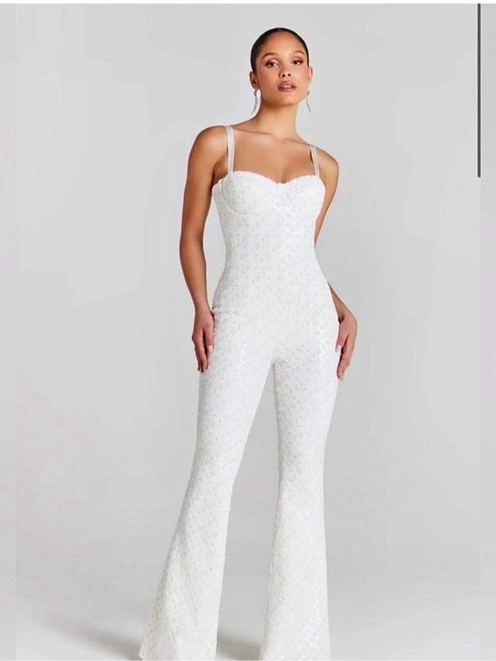 Nadine Merabi White Sequin Strapless Wide-Leg Jumpsuit